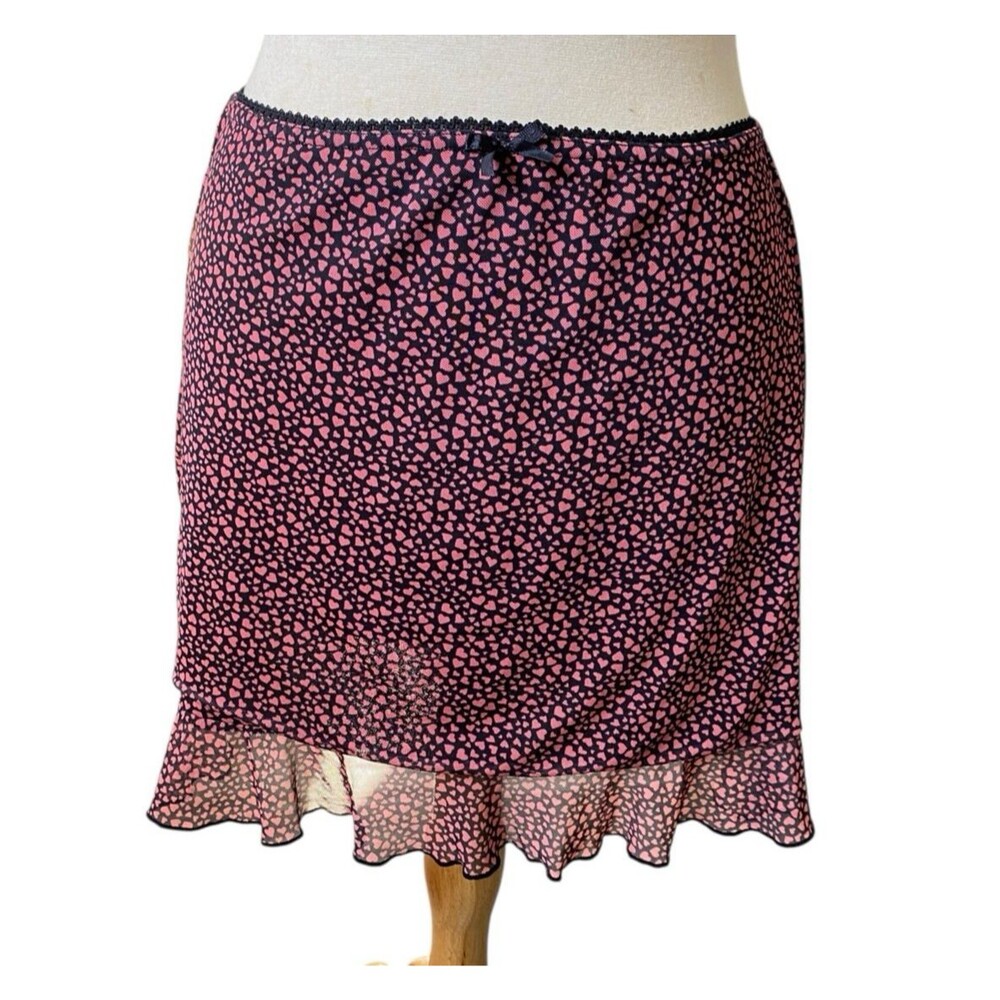 Lottie Moss Women’s Large Pink Heart Print Mini Skirt Ruffle Hem Sheer Overlay